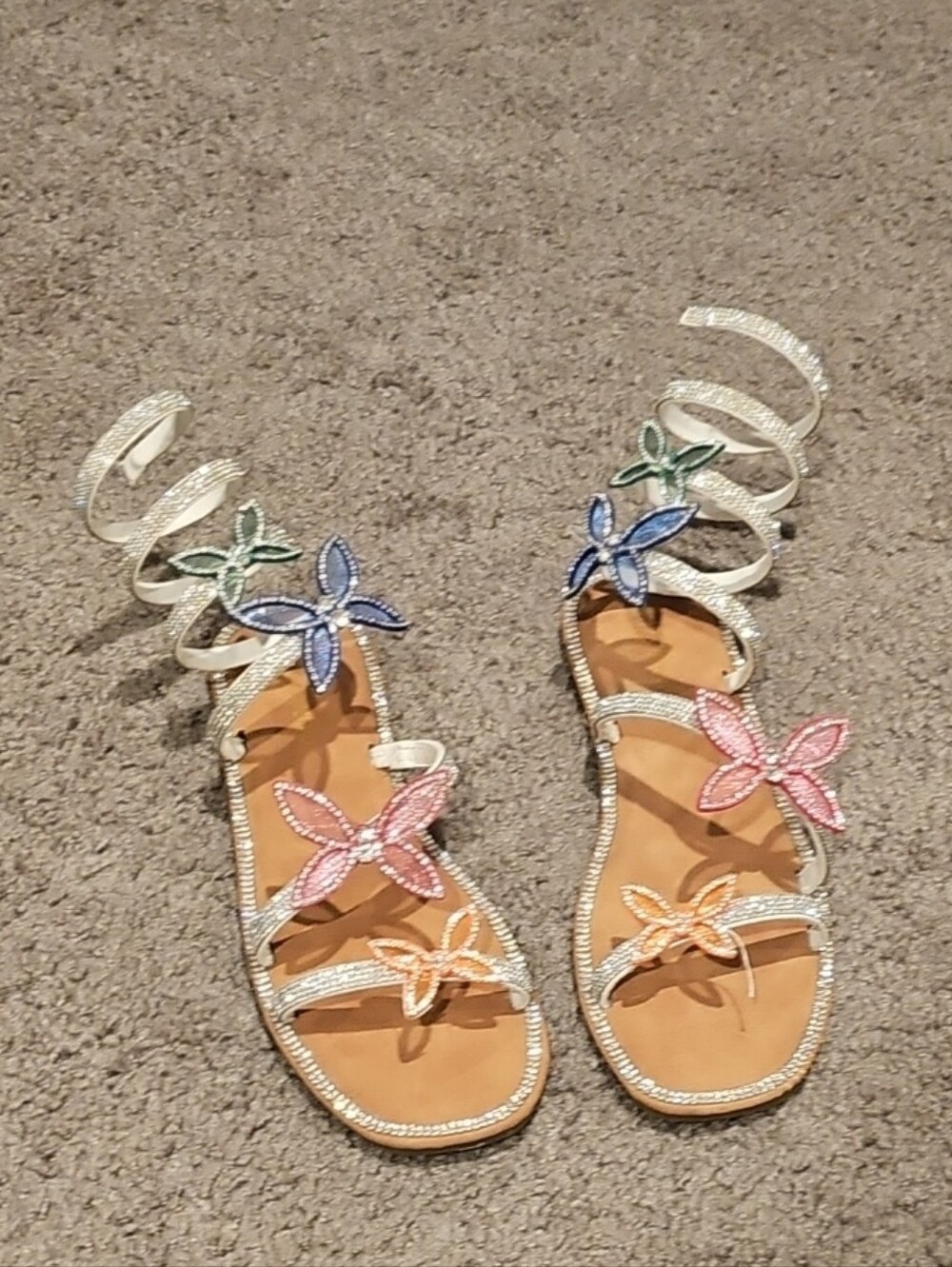 Embellished Floral Gladiator Sandals - White with Multicolor Flowers
